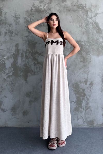 Ded COLLECTION Rochie lungă de vară cu bretele brodate din in - Trend cu buzunar