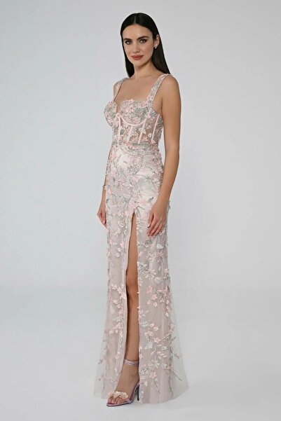 ALFABETA KALP YAKA TRANSPARAN DETAYLI YIRTMAÇLI UZUN ŞIK ABİYE ELBİSE