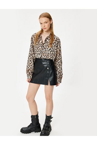 Koton Cămașă oversize cu mânecă lungă cu imprimeu leopard - guler clasic cu nasturi