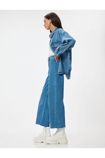 Koton Hohe Taille, weites Bein, Jeans, Knopfdetail, Culotte-Jeans