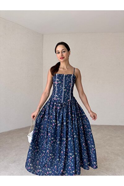 popibutik Desenli Askılı Korse Formlu Lacivert Uzun ELbise