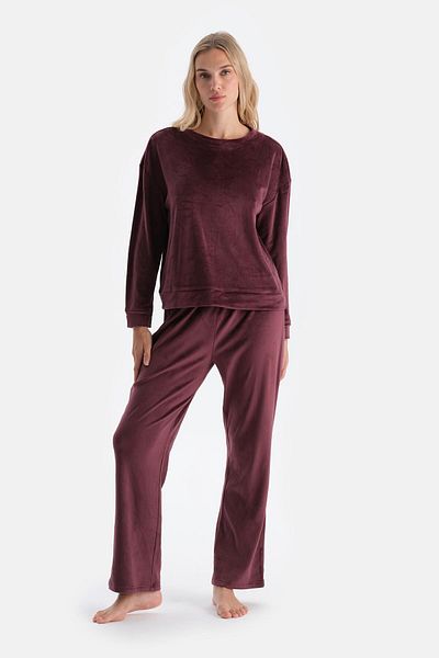 Dagi Plum Crew Neck Long Sleeve Velvet Pajama Set