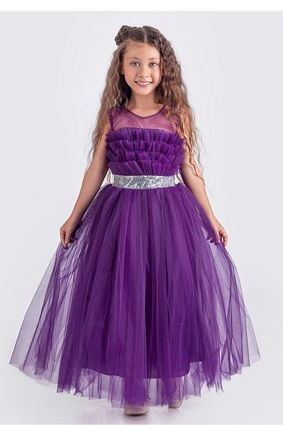 ABİYEKİDS Purple Ruffle Children's Evening Dress - Waist Sequin Detailed, Performance and Party Dress Aby176
