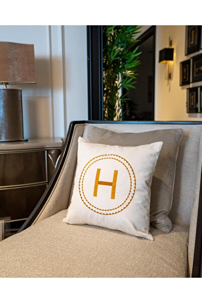 ref crea Ecru-Brick Color H Car Embroidered Throw Pillow Cover