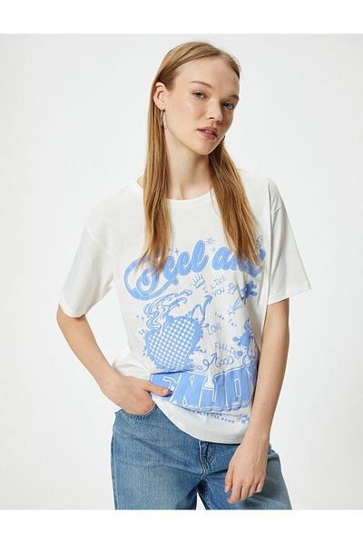Koton Cotton Oversize T-Shirt - Slogan Print, Crew Neck, Short Sleeve
