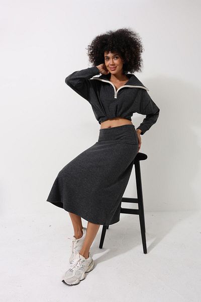 AMİDA Anthracite Thessaloniki Fabric Midi Length Women's Bell Skirt - 2440