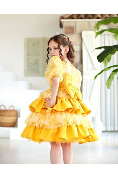 PİXİNADELUXE Yellow Floral Patterned Layered Tulle Girl's Evening Dress