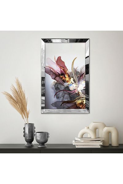 Zevahir Mobilya Dekorasyon Rama din plexiglas cu oglinda argintie Modern Gri Galben Negru Roșu Model de flori Desen abstract Tablou MDF