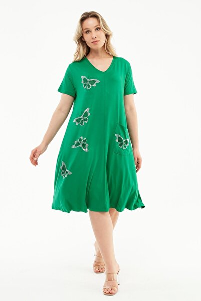 Ebsumu Rochie tricotată lungă verde mărime mare - imprimat cu pietre fluture