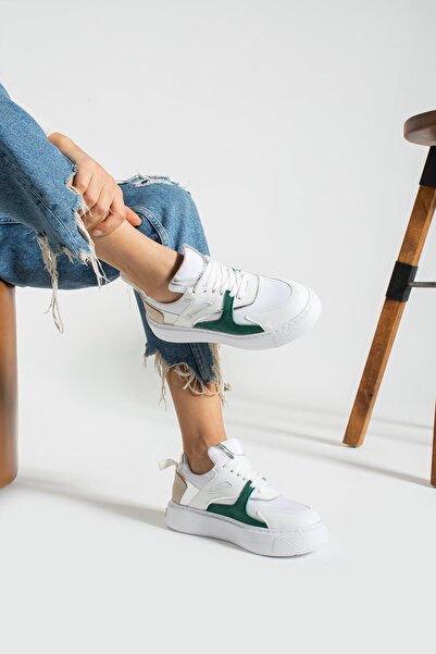 ShoeTek Γυναικεία αθλητικά παπούτσια Karoline με κορδόνια Λευκό/Πράσινο Δερμά...