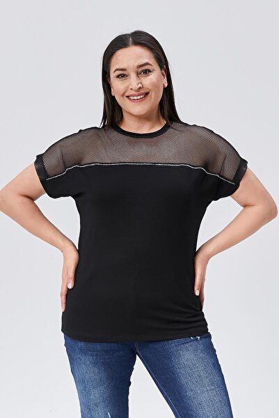 Ebsumu Plus Size Black Blouse - Mesh Detail