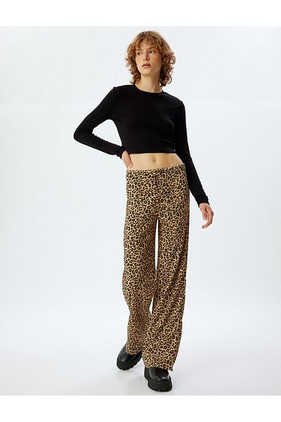 Koton Leopard Patterned Wide Leg Trousers with High Waist and Laces