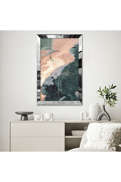 Zevahir Mobilya Dekorasyon Pictură unică MDF cu cadru din plexiglas cu oglindă argintie, modernă, florală, albastră, desen abstract