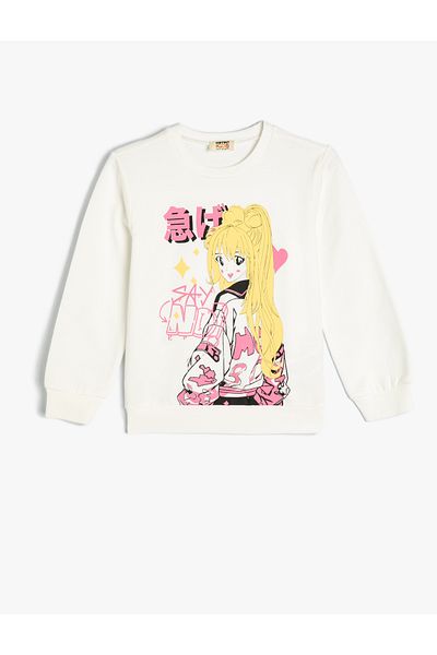 Koton Anime Printed Cotton Sweatshirt - Long Sleeve, Crew Neck Raised