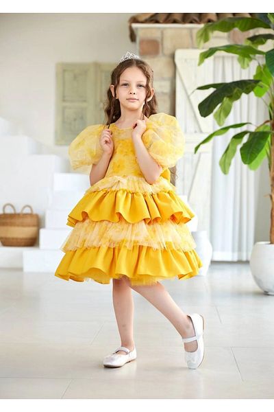 PİXİNADELUXE Yellow Floral Patterned Layered Tulle Girl's Evening Dress