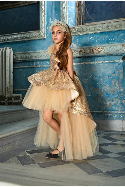 PİXİNADELUXE Gold Payetli Tek Kol Önü Kısa Arkası Uzun Kız Çocuk Abiye