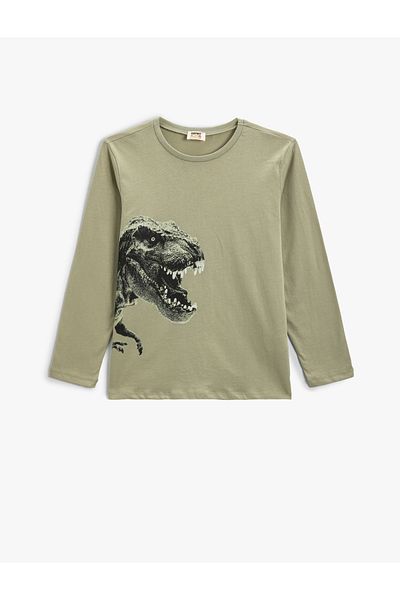 Koton Tricou din bumbac cu mânecă lungă cu imprimeu din dinozaur cu gât crew