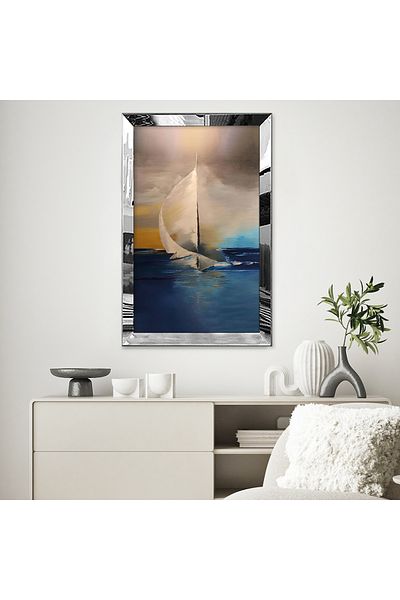 Zevahir Mobilya Dekorasyon Pictură MDF unică cu desen abstract, albastru, galben, bej, cu cadru din plexiglas cu oglindă argintie