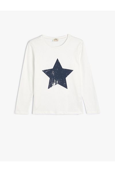 Koton Star Printed Cotton Long Sleeve T-Shirt - Crew Neck