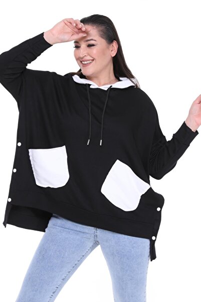 Ebsumu Women's Plus Size Extra Comfortable Fit Black Sweatshirt with White Pocket Detail