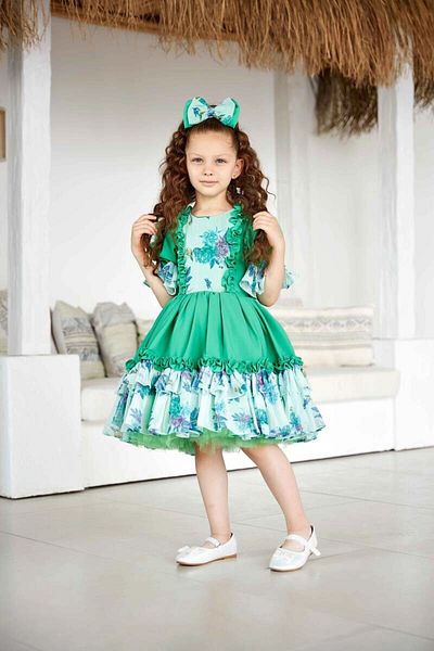 PİXİNADELUXE Green Floral Patterned Girl's Evening Dress with Frilly Buckle Accessories
