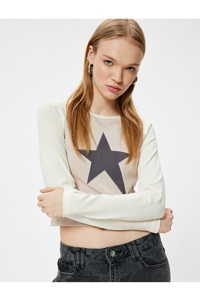 Koton Star Printed Slim Fit Long Sleeve T-Shirt - Crew Neck