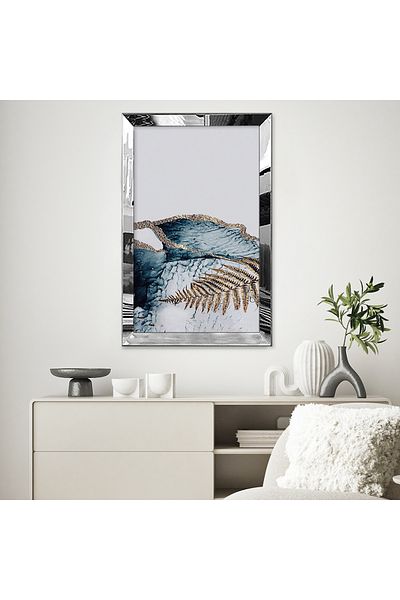 Zevahir Mobilya Dekorasyon Rama din plexiglas cu oglinda argintie, alb, albastru, modelat cu aur, desen cu iarbă de salamanderă, pictură abstractă unică MDF