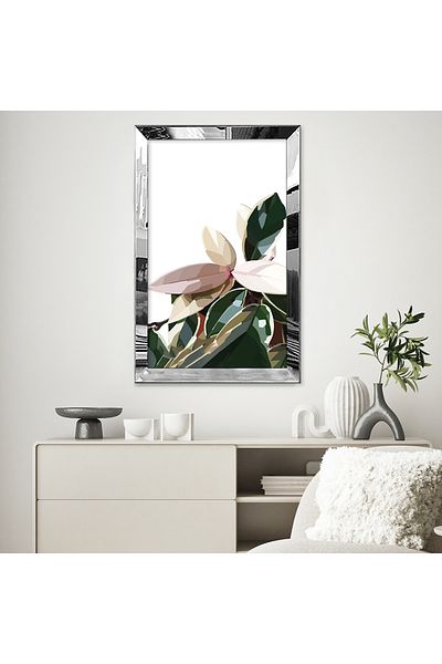 Zevahir Mobilya Dekorasyon Tablou MDF cu desen abstract, modern, alb, roz, verde, frunze de palmier, cu cadru din plexiglas cu oglindă argintie