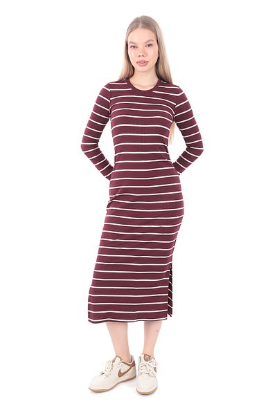 le mardi Rochie de damă, cu decolteu, cu dungi, cu fante, tricotaje lungi, rochie burgundă