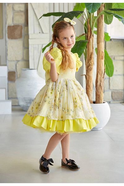 PİXİNADELUXE Yellow Flower Patterned Balloon Sleeve Girl's Evening Dress