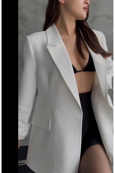 sabaamoda Women's Lined Blazer Jacket with Striped Inside Sleeves and Fold Detail