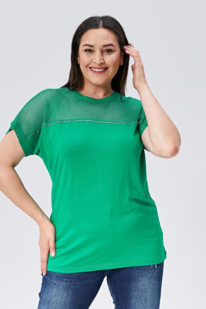 Ebsumu Green Plus Size Blouse - Mesh Detail