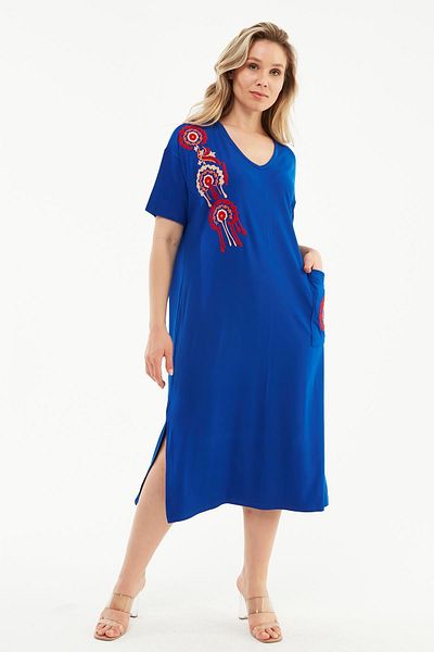 Ebsumu Κεντημένο Μπλε Πλεκτό Φόρεμα Plus Size