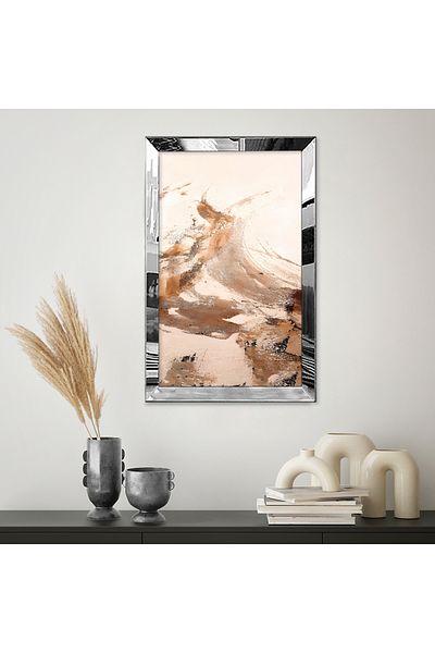 Zevahir Mobilya Dekorasyon Model neutru cu cadru din plexiglas cu oglindă argintie Gri Bej Maro Modelat Desen abstract Tablou unic MDF