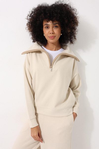 AMİDA Ecru Thessaloniki Fabric Shawl Collar Oversize Zippered Women's Sweatshirt - 2441