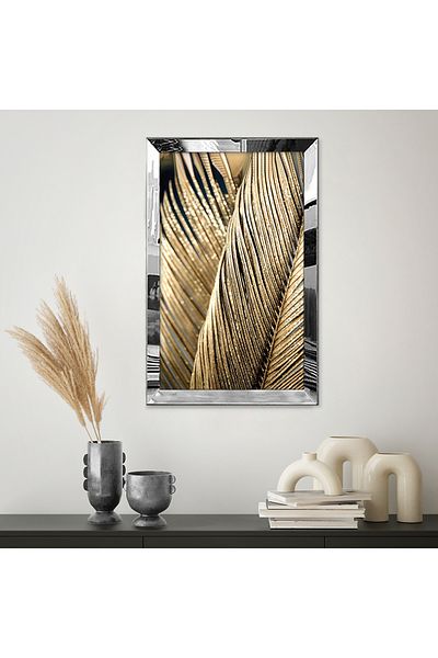 Zevahir Mobilya Dekorasyon Pictură MDF cu desen abstract cu model de palmier, negru, auriu, cu cadru din plexiglas cu oglindă argintie