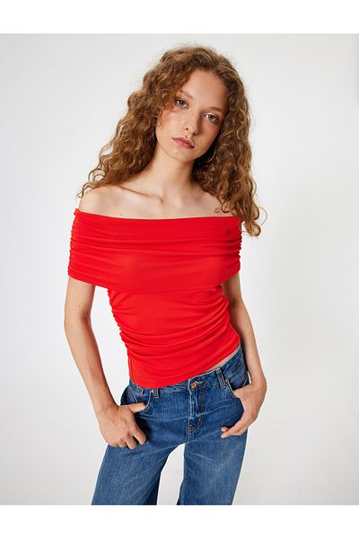 Koton Madonna Collar Off-The-Shoulder T-Shirt Draped Short Sleeve Slim Fit
