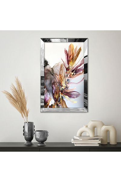 Zevahir Mobilya Dekorasyon Pictură unică MDF cu cadru din plexiglas cu oglindă argintie, minimalist, roz, portocaliu, model de flori, desen abstract