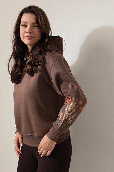 AMİDA Бродиран кафяв суичър с качулка Başak - 2428