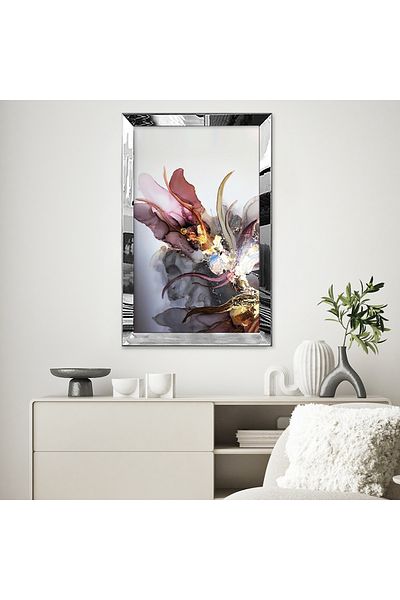 Zevahir Mobilya Dekorasyon Rama din plexiglas cu oglinda argintie Modern Gri Galben Negru Roșu Model de flori Desen abstract Tablou MDF