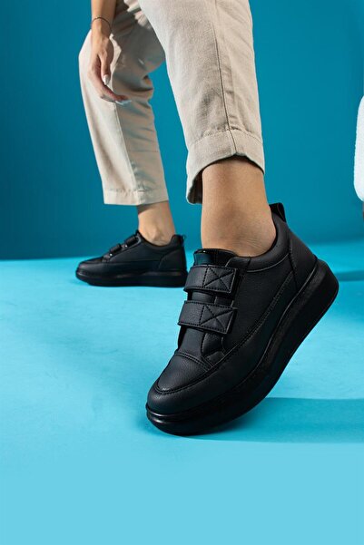 ShoeTek Vicenta Kadın Sneakers Bantlı Spor Ayakkabı Siyah Deri