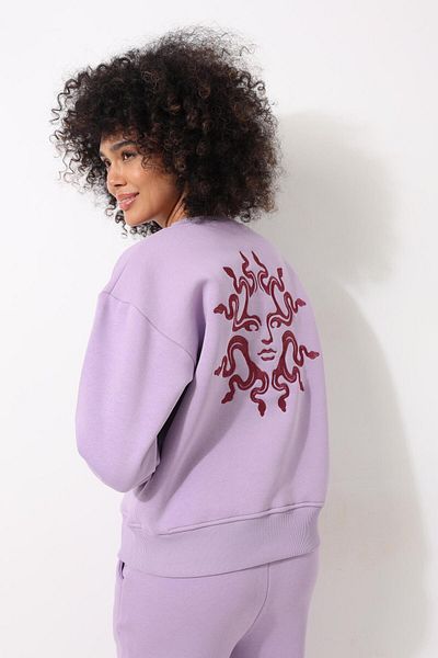 AMİDA Liliac Broderie Medusa - Hanorac oversize pentru damă, cu gât crew, 2446
