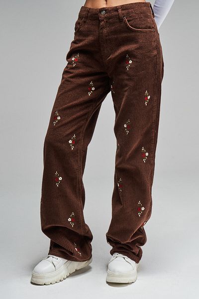 its basic Women's Tan Color 7W442 Loose Fit Embroidered Corduroy Trousers