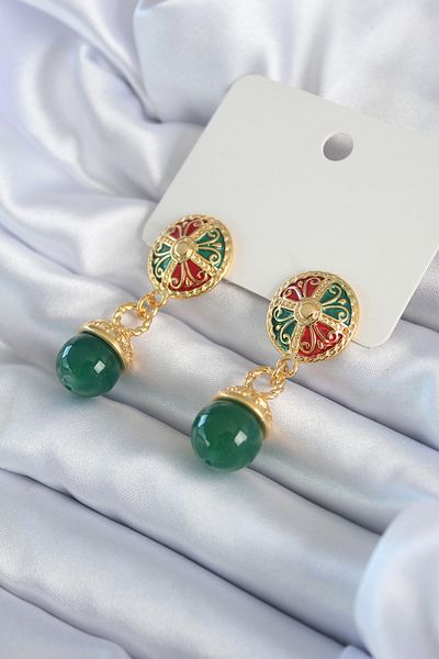 SeyCey.co Gold Color Motif Embroidered Pendant Model Brass VIP Women's Earrings