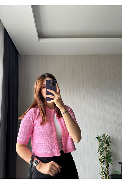 FASİON Pink Short Sleeve Tape Collar Cardigan
