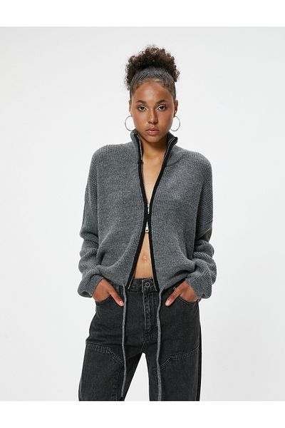 Koton Stand Collar Zippered Knitwear Cardigan - Lace Detailed