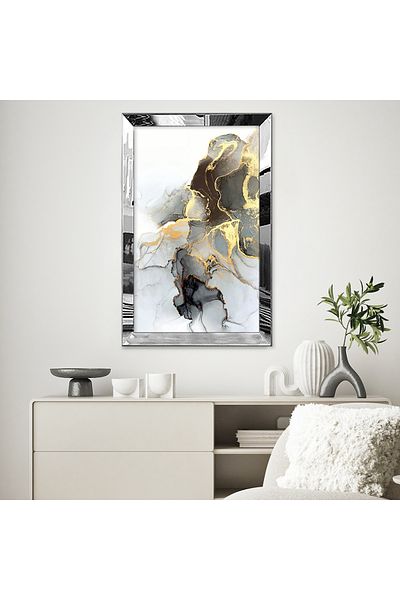 Zevahir Mobilya Dekorasyon Masa MDF cu un singur cadru din plexiglas cu oglinda argintie, model de marmura, design de desen cu pulbere aurie