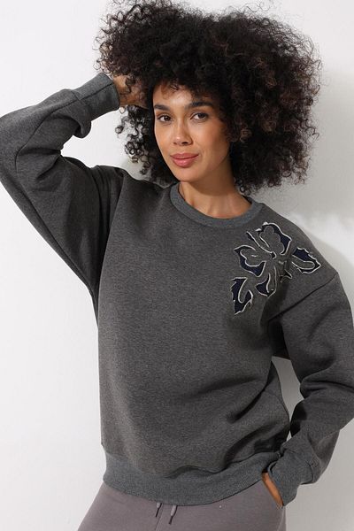 AMİDA Anthracite Shoulder Laser Cut Flower Embroidery Detail Crew Neck Oversize Women's Sweatshirt - 2448