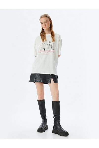 Koton Cat Printed Oversize T-Shirt - Crew Neck, Short Sleeve