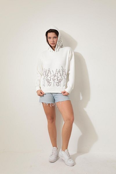 AMİDA Ecru Branch Embroidered Hooded Sweatshirt - 2429